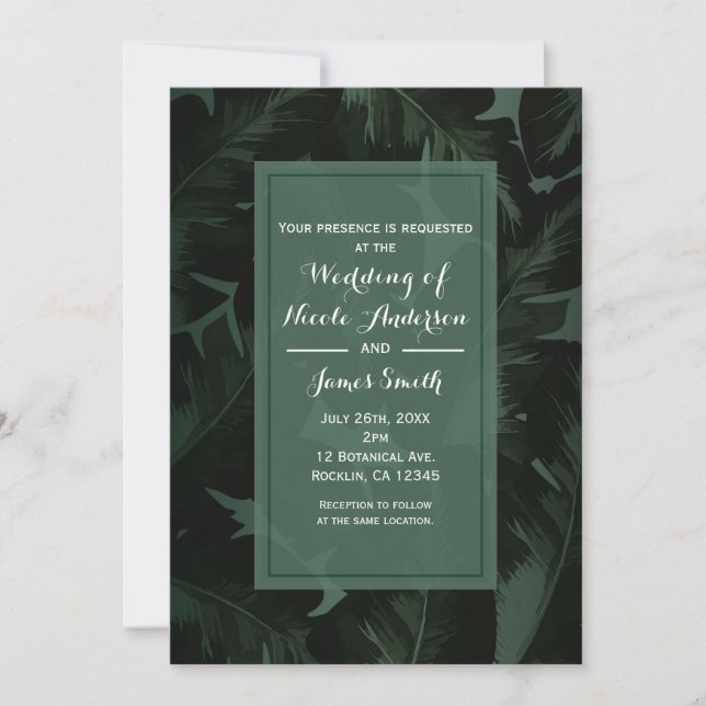 Invitation Mariage aux feuilles tropicales chic vert et noir (Devant)
