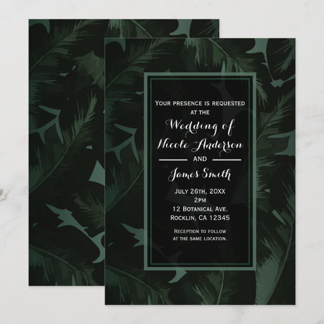 Invitation Mariage aux feuilles tropicales chic vert et noir (Devant / Derrière)