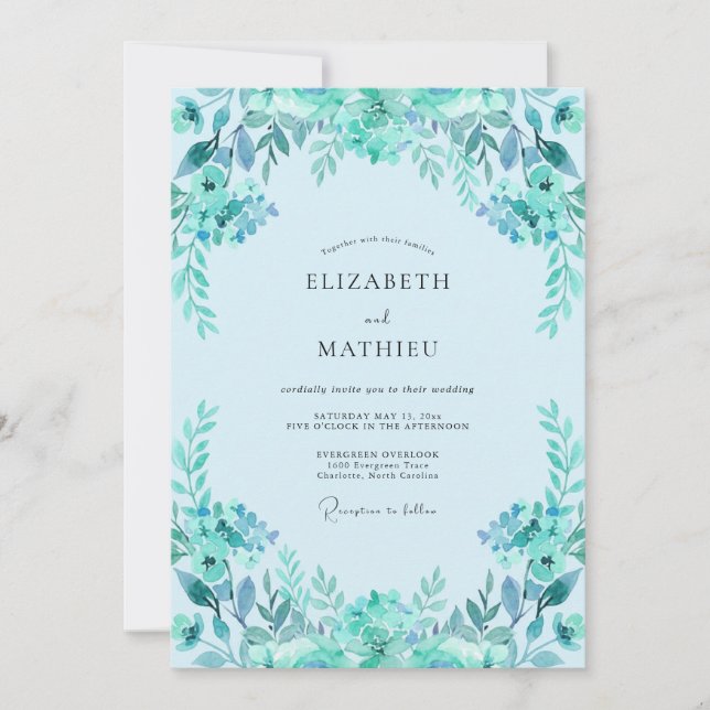 Invitation Mariage aux Feuilles Turquoise (Devant)