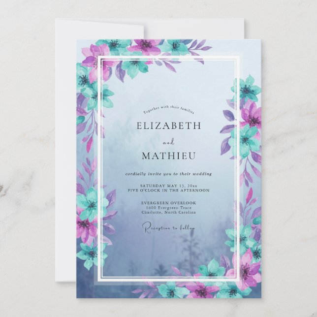Invitation Mariage aux Feuilles Turquoise Violet (Devant)