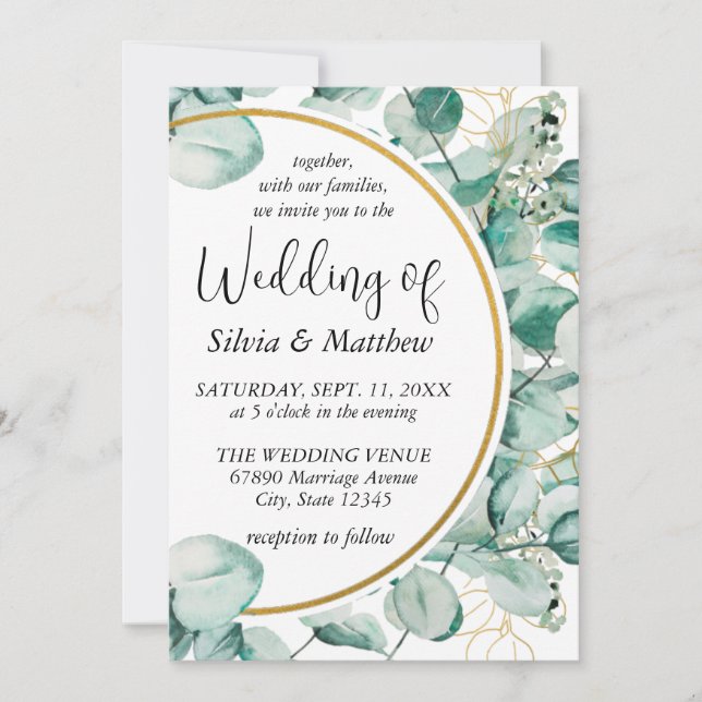 Invitation Mariage aux Feuilles Vert Menthe Aquarelle (Devant)