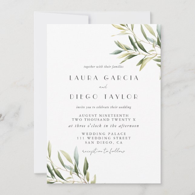 Invitation Mariage aux feuilles vert olive aquarelle (Devant)