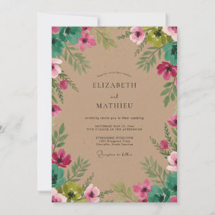 Invitation Mariage aux feuilles vertes et roses