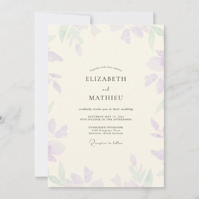 Invitation Mariage aux Feuilles Violettes et Menthe (Devant)