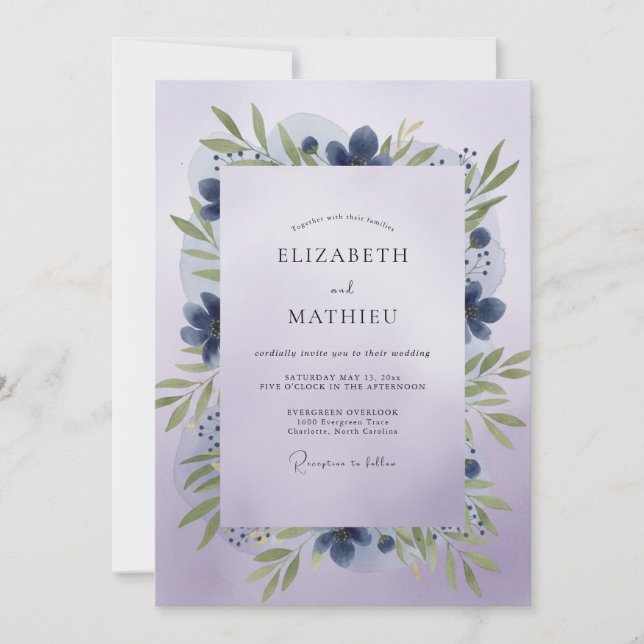 Invitation Mariage aux Feuilles Violettes Indigo (Devant)