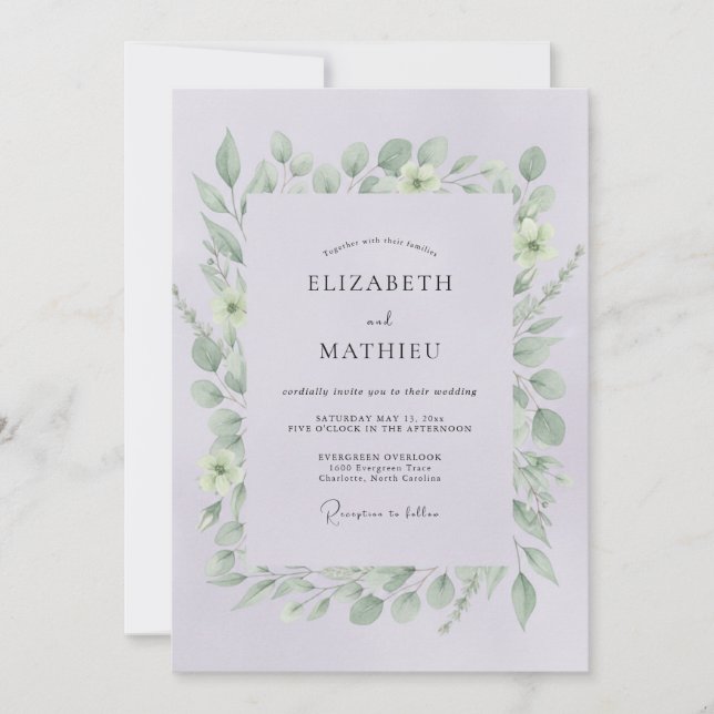 Invitation Mariage aux Feuilles Violettes Pâles (Devant)