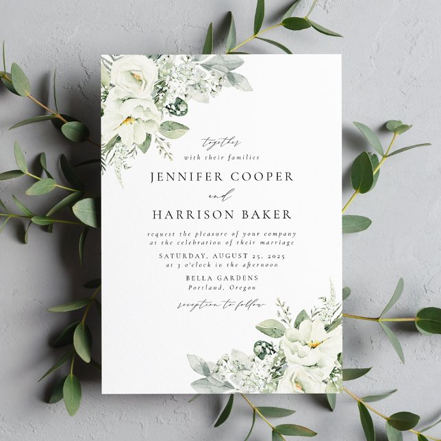 Invitation Mariage aux Fleurs Blanches Luxuriantes et au Feui (Créateur téléchargé)