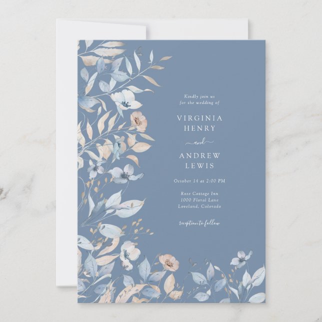 Invitation Mariage aux fleurs bleu poussiéreux (Devant)