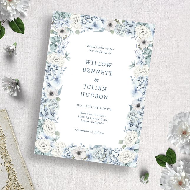 Invitation Mariage aux fleurs bleu poussiéreux (Créateur téléchargé)