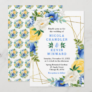 Invitation Mariage aux fleurs bleues et jaunes avec feuillage