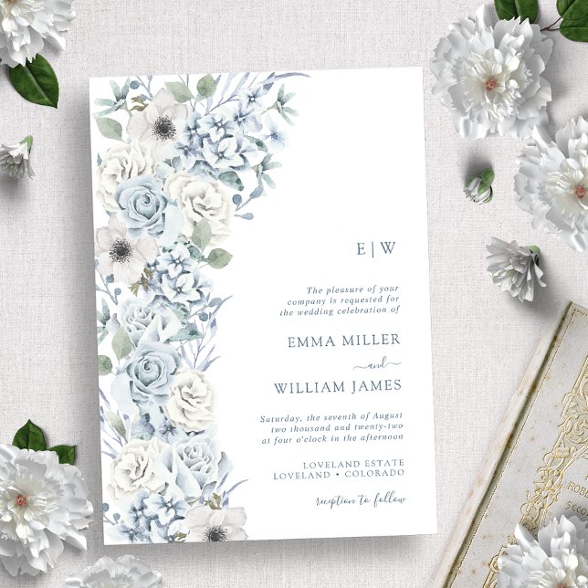 Invitation Mariage aux fleurs bleues monogrammées (Créateur téléchargé)