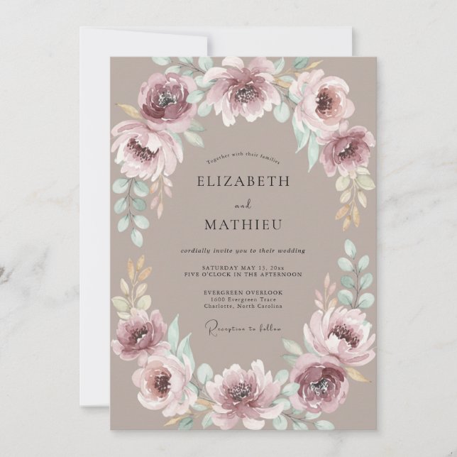 Invitation Mariage aux Fleurs Botaniques Mauves (Devant)