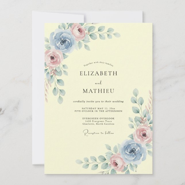 Invitation Mariage aux Fleurs de Bleu Pastel (Devant)