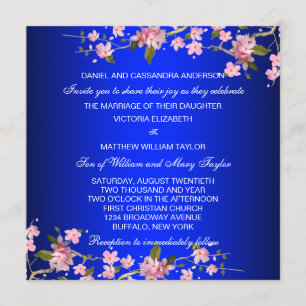 Invitation Mariage aux fleurs de cerisier japonais bleu royal