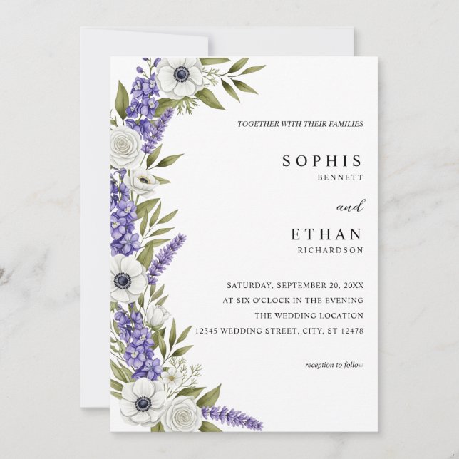 Invitation Mariage aux Fleurs de Lavande Classiques et Roses  (Devant)
