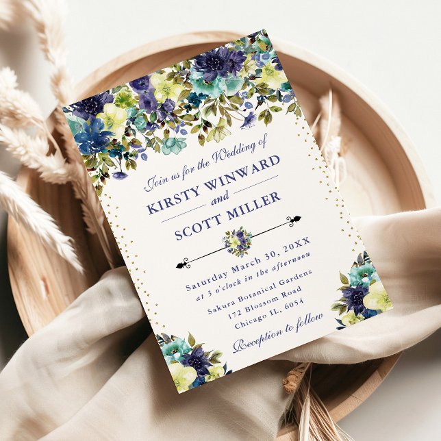 Invitation Mariage aux fleurs d'été bleues et navy (Créateur téléchargé)