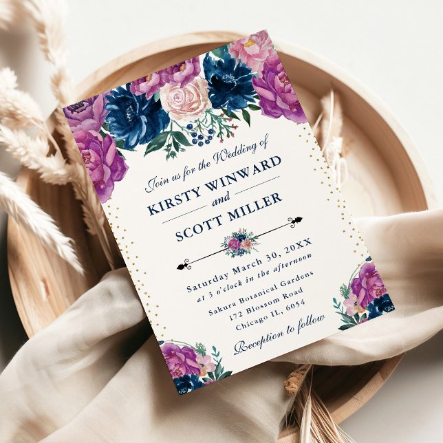 Invitation Mariage aux fleurs d'été violettes et bleues (Créateur téléchargé)