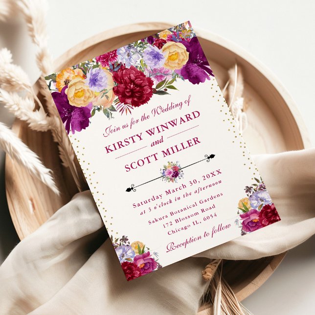 Invitation Mariage aux fleurs d'été violettes et rouges (Créateur téléchargé)