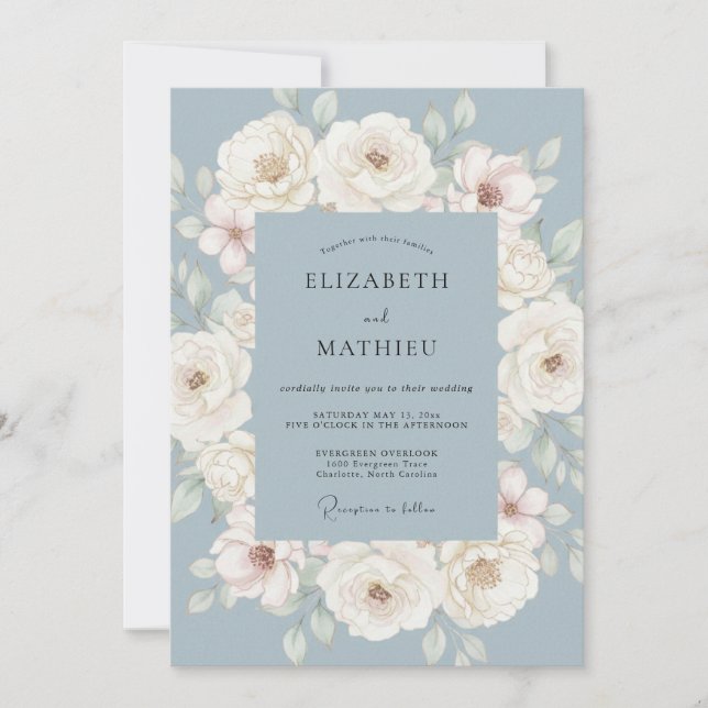 Invitation Mariage aux Fleurs Painterly Bleu Poussiéreux (Devant)