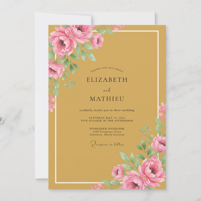 Invitation Mariage aux Fleurs Romantiques et Fleuris d'Ocre (Devant)