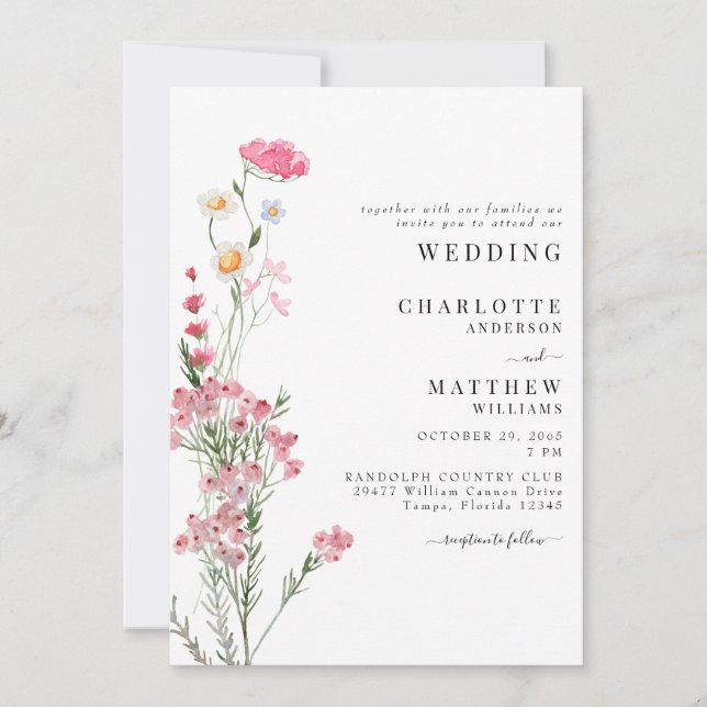 Invitation Mariage aux fleurs sauvages aquarelle rose  (Devant)