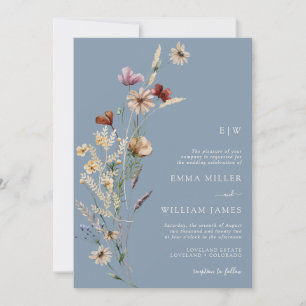 Invitation Mariage aux fleurs sauvages bleu poussière