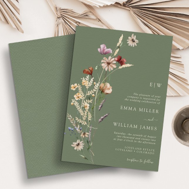 Invitation Mariage aux fleurs sauvages bohèmes vertes (Green Boho Wildflowers Wedding Invitation
)