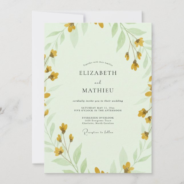 Invitation Mariage aux fleurs sauvages citron et menthe (Devant)