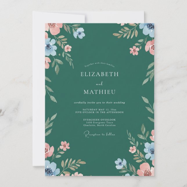 Invitation Mariage aux fleurs sauvages corail de chasseur (Devant)