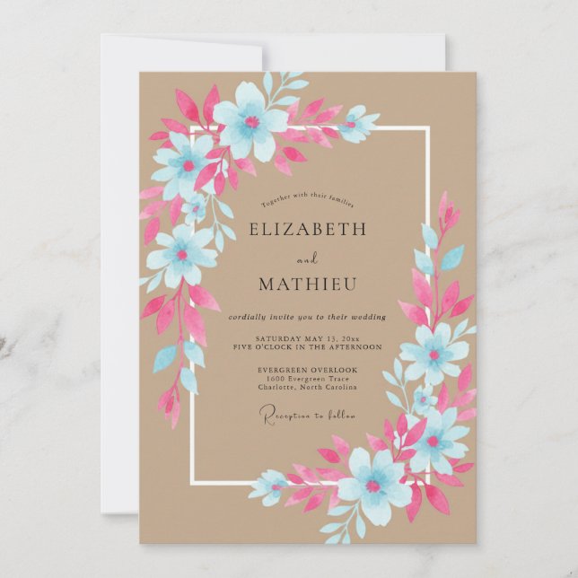 Invitation Mariage aux fleurs sauvages cyan fuchsia (Devant)