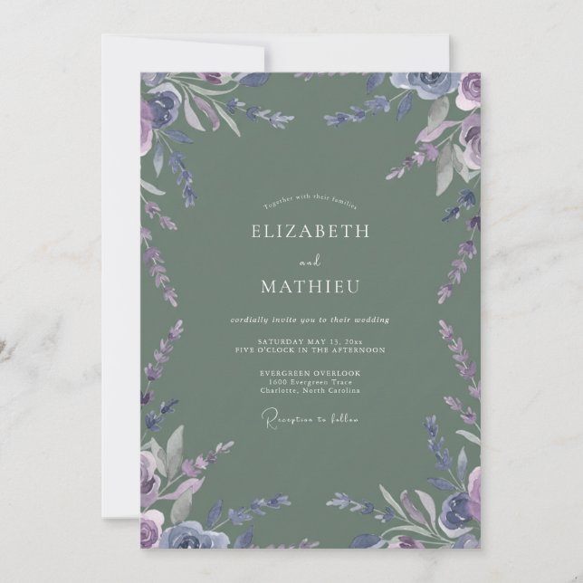 Invitation Mariage aux fleurs sauvages d'améthyste et olive (Devant)