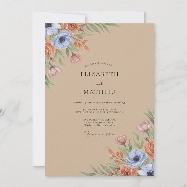 Invitation Mariage aux fleurs sauvages d'argile (Devant)
