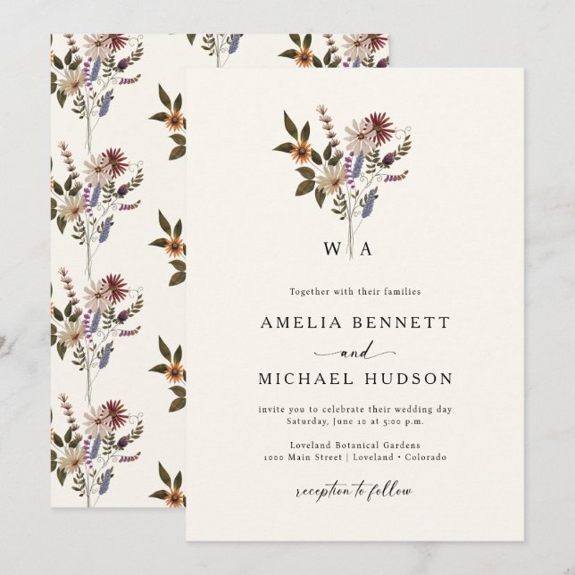 Invitation Mariage aux fleurs sauvages d'automne (Devant / Derrière)