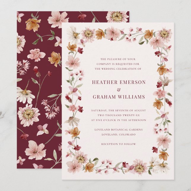 Invitation Mariage aux fleurs sauvages de Bourgogne (Devant / Derrière)