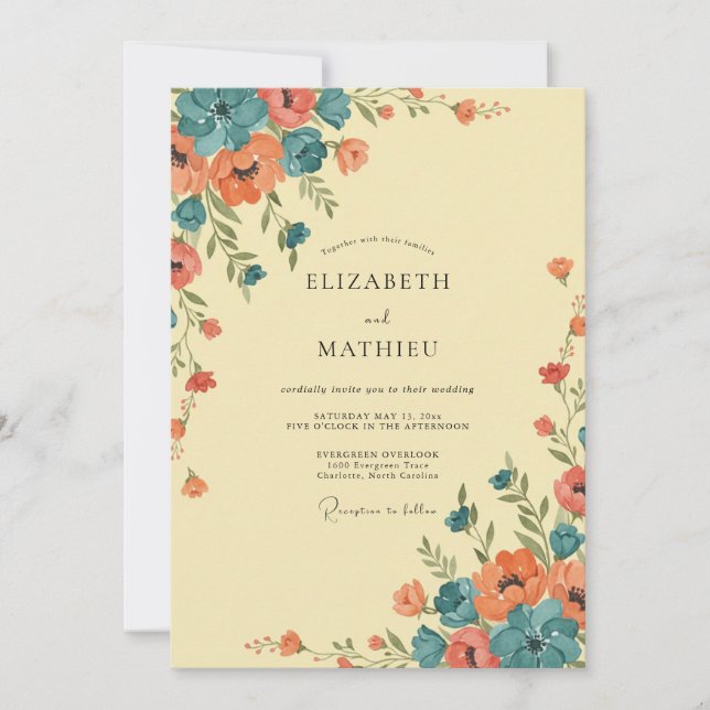 Invitation Mariage aux fleurs sauvages de corail et de sarcel (Devant)