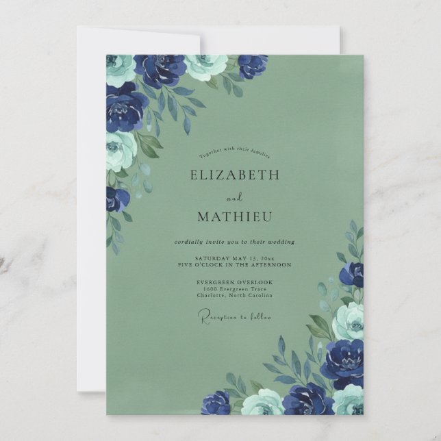 Invitation Mariage aux fleurs sauvages de mousse de marine (Devant)