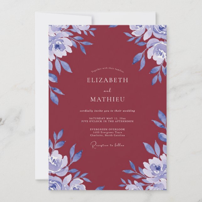 Invitation Mariage aux fleurs sauvages de pervenche bordeaux (Devant)