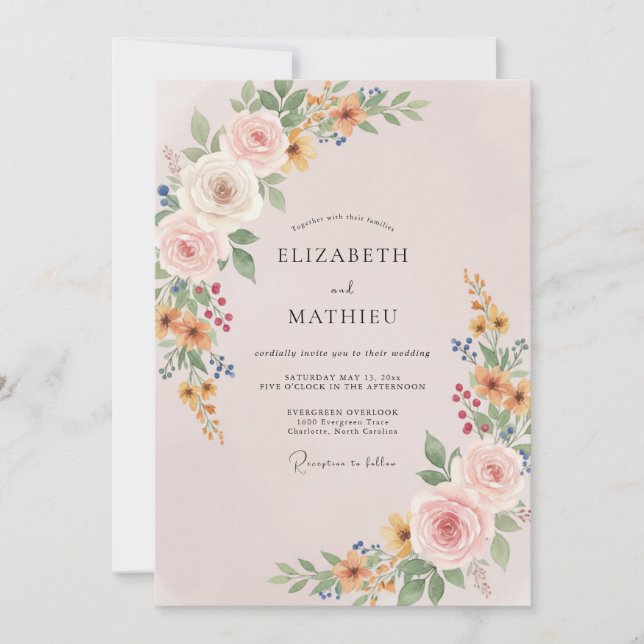 Invitation Mariage aux fleurs sauvages et feuilles de pêcher (Devant)