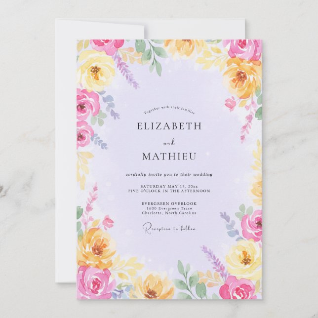 Invitation Mariage aux fleurs sauvages jaune fuchsia (Devant)