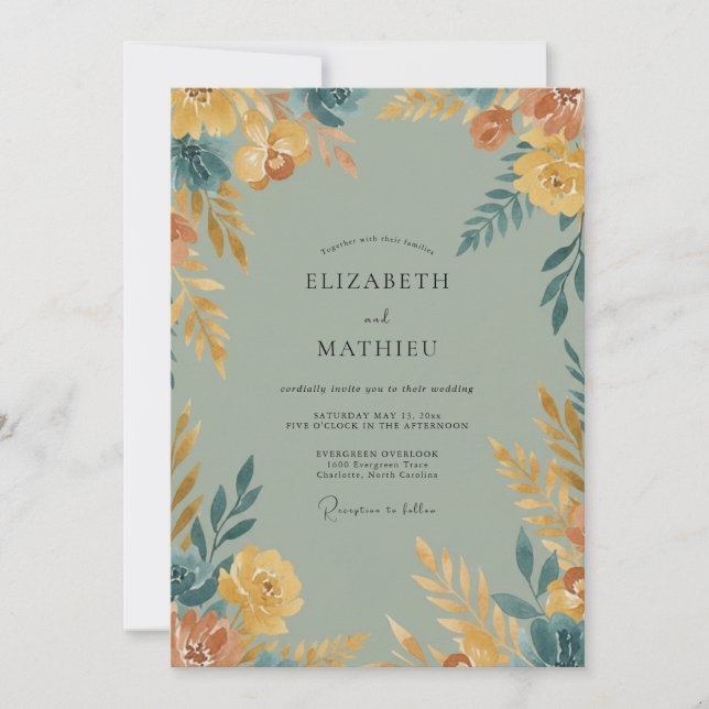 Invitation Mariage aux fleurs sauvages ocre doré (Devant)
