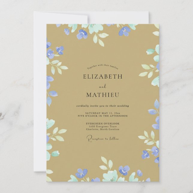 Invitation Mariage aux fleurs sauvages ocres et pérywinkle (Devant)