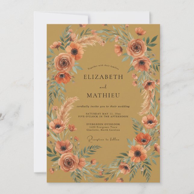 Invitation Mariage aux fleurs sauvages Ocres Rouille (Devant)