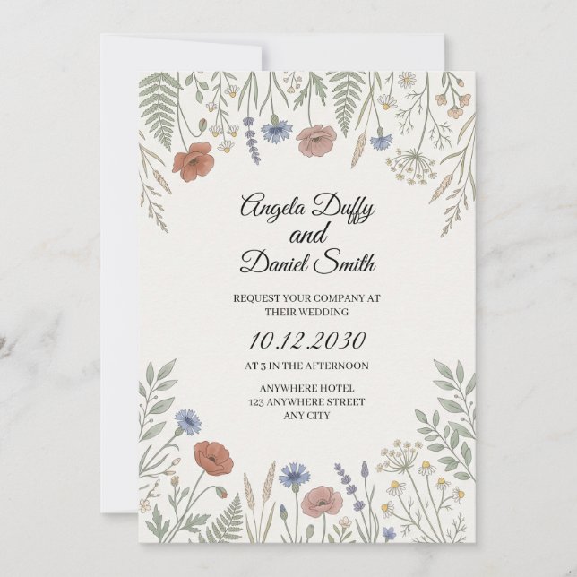 Invitation Mariage aux fleurs sauvages pastel (Devant)