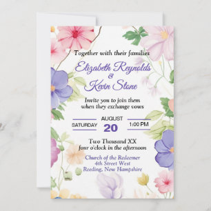 Invitation Mariage aux fleurs sauvages pastel rose et violet