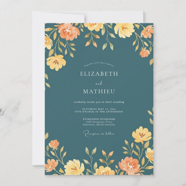 Invitation Mariage aux fleurs sauvages sarcelle orange (Devant)