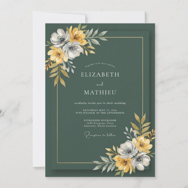 Invitation Mariage aux fleurs sauvages vert forêt (Devant)