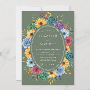 Invitation Mariage aux fleurs sauvages vibrantes olive