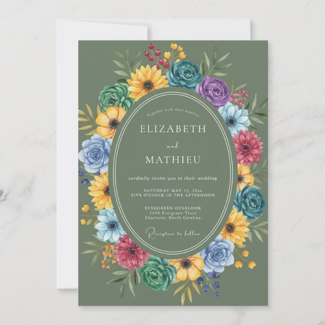 Invitation Mariage aux fleurs sauvages vibrantes olive (Devant)
