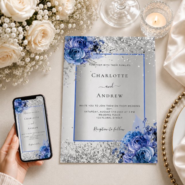 Invitation Mariage aux florales bleu argent (Créateur téléchargé)