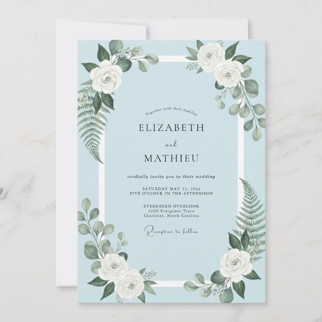 Invitation Mariage aux fougères bleu poudre (Devant)